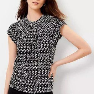 Loft ~ Embroidered Eyelet High Ruffle Neck Smocked Short Sleeve Top in Medium